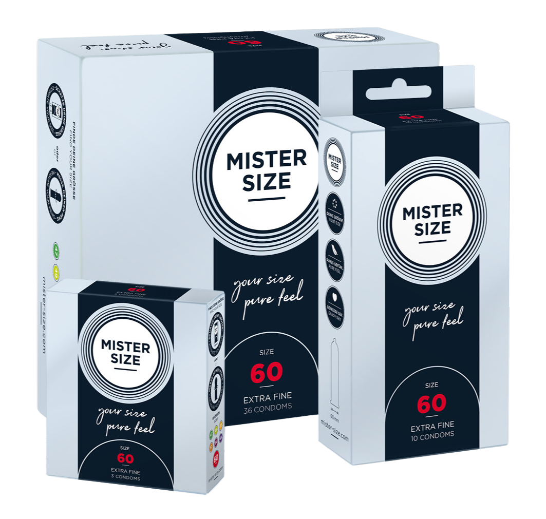 Tři různá balení kondomů Mister Size ve velikosti 60